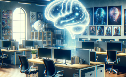 A symbolic image representing the impact of AI on the video game development industry without depicting people. The scene features an empty, modern office with a holographic brain symbolizing AI above.