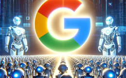 A visualization of Google search maintaining dominance in the search market despite competition from AI chatbots. The Google 'G' logo stands above a crowd of small robots who look towards it in the shadows.