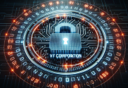 An image depicting the Vans cyber attack featuring a digital security breach alert with the VF Corporation logo, against a backdrop of a digital lock and binary code.