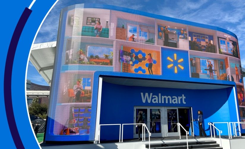 A representation of how Walmart's new AI may look. A women is walking into a Walmart store and all around the entrance are screens showing people using different Walmart products.