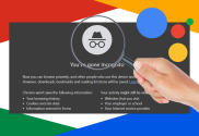 Google Incognito Mode shows hand with magnifying glass inspecting browser with Google logo colours blue, red, yellow, and green. Statement reads: “Now you can browse privately, and other people who use this device won’t see your activity. However, downloads, bookmarks and reading list items will be saved.”