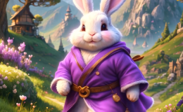 An snapshot of an AI generated video created by MagicVideo-V2. An animated rabbit in a purple coat walks along a path in a fantasy world