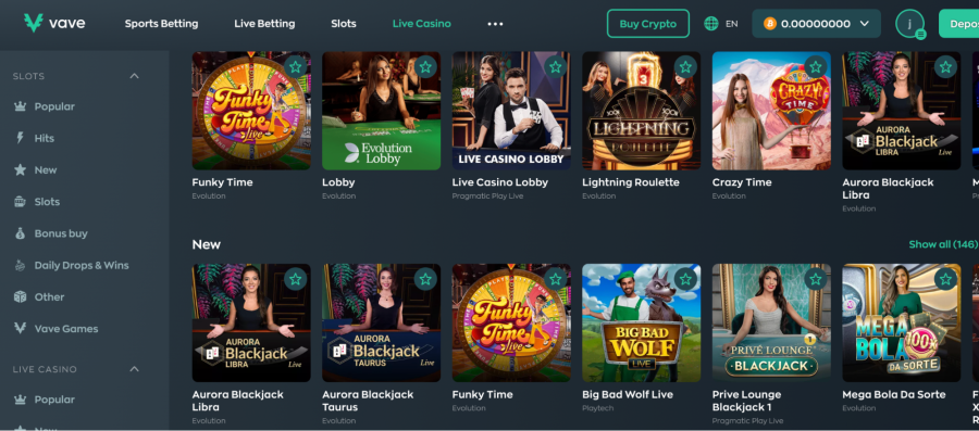 Vave live casino with game on display
