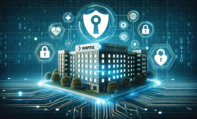 Hospital building with cybersecurity symbols, depicting digital security in healthcare.